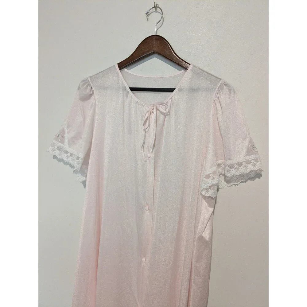 Vintage Deena Button Front Robe S/S Pink Dressing Gown Granny Chic Cottage L